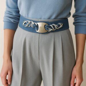 Vintage 80s Rare Retro Era Blue Silver Braided Wide Leather Belt Art to Wear